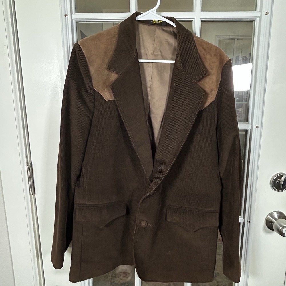 Vintage 70s Pioneer Wear Brown Corduroy Suede Western Blazer Jacket Size 42